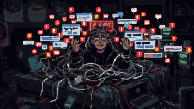 Pixel art of a stressed person overwhelmed by glowing wires and a swarm of social media notification icons in a dark room