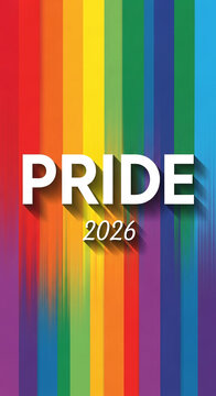 Rainbow stripes with text "PRIDE 2026" create a vibrant and symbolic representation of inclusivity and celebration