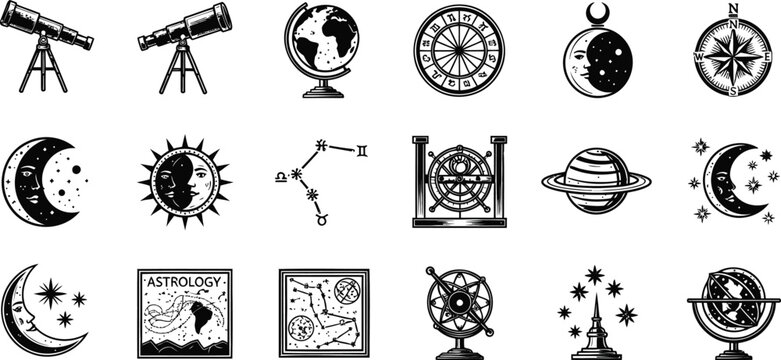Vintage astrology and astronomy icons set, 18 black and white celestial vector elements, antique telescope and planet illustrations for mystic branding