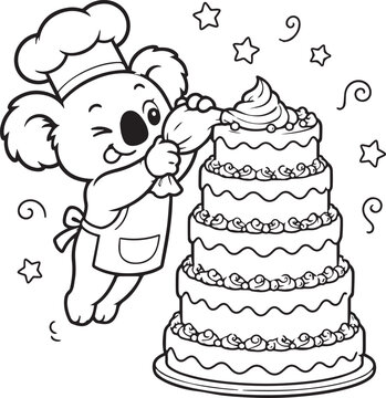 Cute cartoon koala chef decorating a tall tiered wedding cake vector illustration