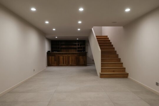 Spacious unfinished basement features wood bar cabinets and staircase leading upstairs. Neutral walls and tile floor create a clean modern aesthetic. Rec room ready for custom furnishing.