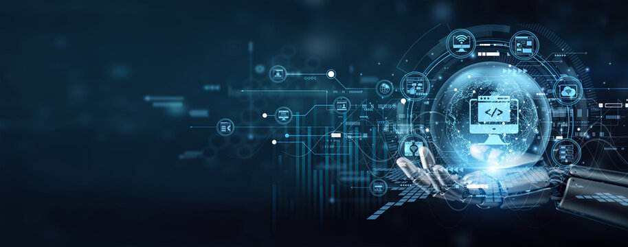 Robot hand expertly hold WEB DEVELOPMENT code to build global online platforms. Creative programming and design ensure responsive interfaces and functional digital user experiences.