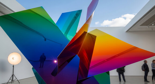 Vibrant, abstract sculpture with rainbow-colored, reflective surfaces in a modern gallery, symbolizing art, light, and perception, showcased on a pedestal.