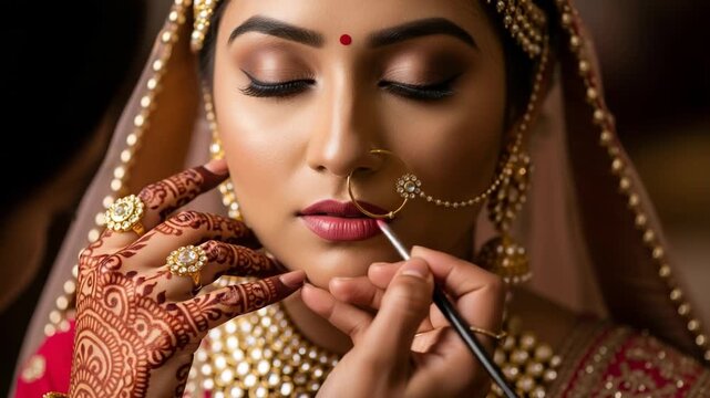 Closeup of a bride getting her makeup applied