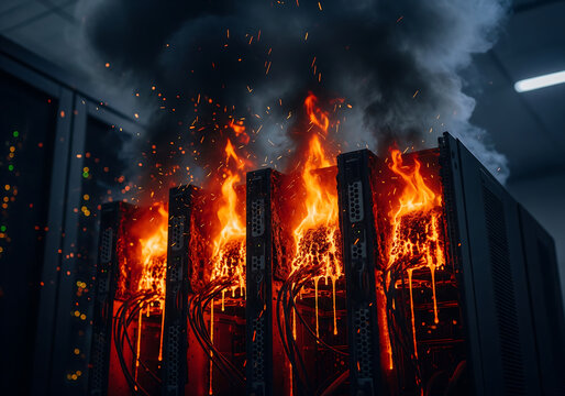 Dramatic artistic depiction of server racks engulfed in flames and smoke, illustrating catastrophic overheating failure in a data center environment with intense red and orange lighting