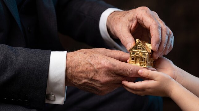 Extreme close up of elderly hands giving a solid gold miniature house to a child, conceptual generational wealth transfer, family legacy and real estate investment