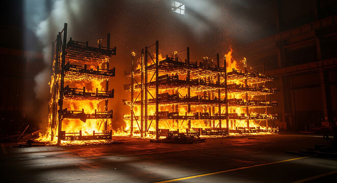 Dramatic close-up industrial server room fire emergency showing fully engulfed multi-tiered rack systems with intense orange flames consuming overheated electronic components under dramatic