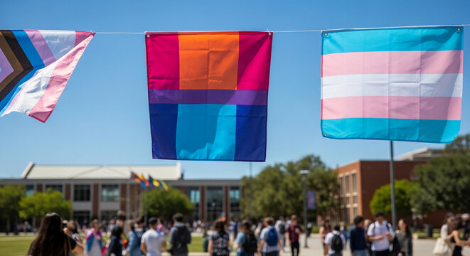 Rainbow flags including transgender and bisexual pride flags suspended against a blue sky, symbolizing diversity and LGBTQ+ rights, a representative showcase of pride events