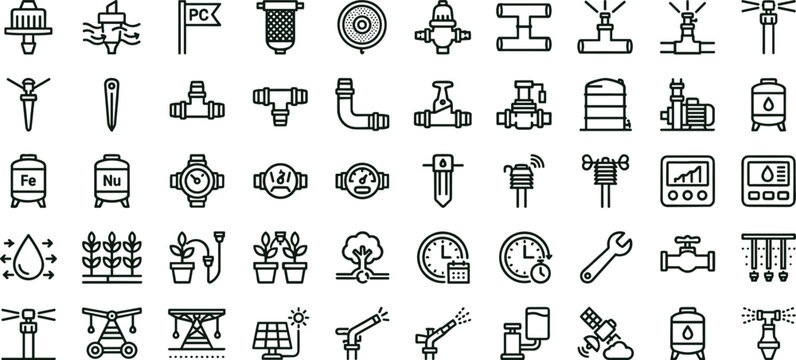Precision Irrigation Infrastructure Icon Set Featuring Smart Farming Automation Water Management and Agricultural Technology Concepts