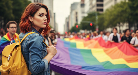 Obraz premium Young woman with auburn hair wearing a denim jacket and yellow backpack at a pride parade, holding a rainbow flag symbolizing diversity and equality