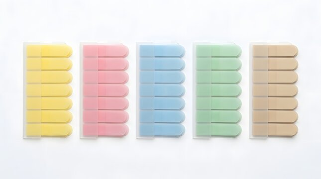 Colorful adhesive sticky note index tabs arranged in a neat row for organization and marking important pages in a notebook