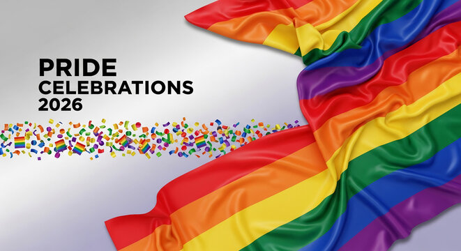 Rainbow flag waves with confetti, representing pride, celebration, and inclusivity, with space for text.