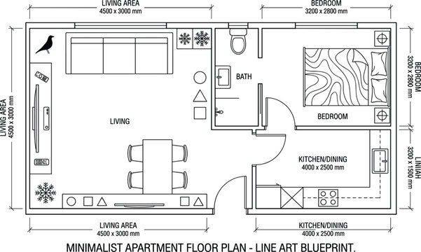 Minimalist apartment floor plan blueprint with living room, bedroom, bathroom, and kitchen layout architectural line art vector illustration