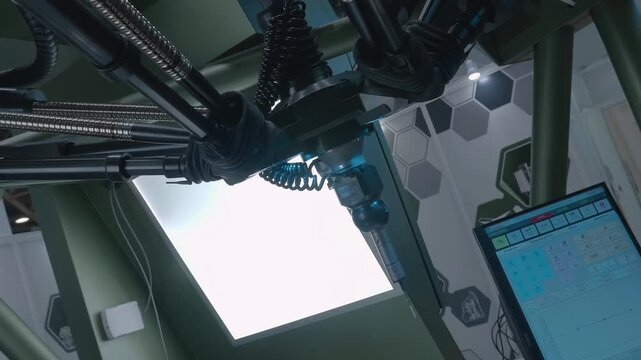 The machine uses a measuring probe to meter the exact dimensions of the part and enters them into the computer for further processing. Closeup. Shot in motion