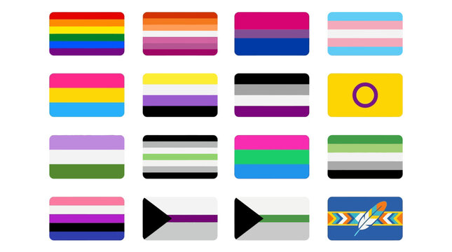 LGBTQ identity flags displayed together representing diversity and inclusivity worldwide in one place.