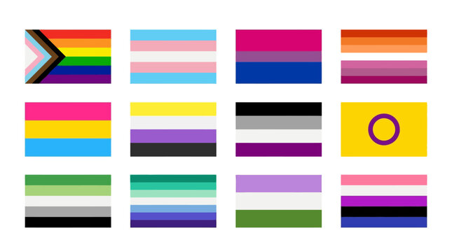 LGBTQ icon sheet features various pride flags and symbols in vibrant colors and designs.