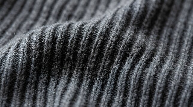Detailed macro photograph of dark grey knitted fabric showing soft wool texture and intricate vertical rib pattern in warm lighting
