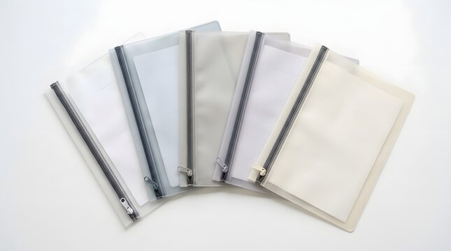 Multiple translucent plastic document holders with zippers arranged in a fan shape for this clean minimalist studio product photography shot