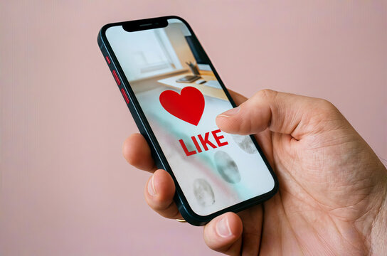 Hand holding a smartphone displaying a red heart icon and the word like on screen
