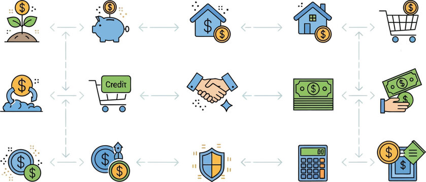 Financial Process Icons: Growth, Savings, Credit, Home, Shopping, Handshake, Money, Calculator