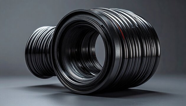 Closeup of a black corrugated plastic industrial pipe section