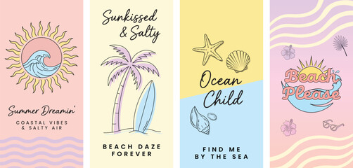 Set of four summer beach themed social media story templates with cute illustrations of sun, palm tree, surfboard, seashells, and tropical flowers with inspirational quotes © SonojART