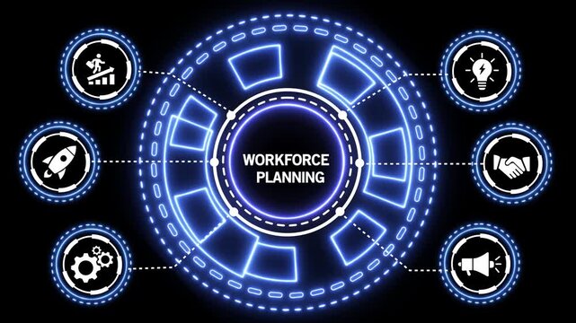 Futuristic digital infographic diagram illustrating workforce development with interconnected icons for growth, innovation, collaboration, and strategy on a dark background