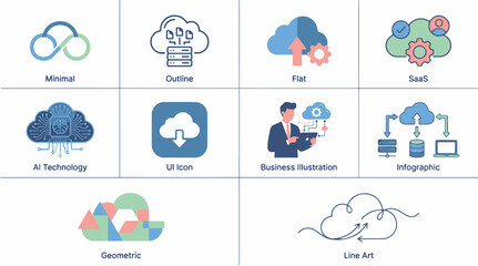 Obraz premium Versatile Collection of Colorful Cloud Computing and SaaS Icons in Various Styles Including Minimalist Outline Flat AI Technology Business Illustration and Infographic Design Elements.