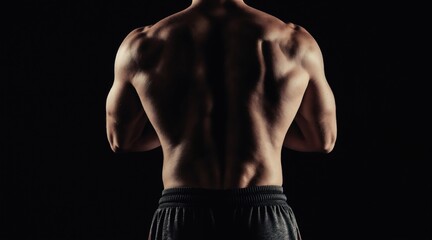 Fototapeta premium Man displays muscular back and arms, strong athletic physique, dark background, dramatic lighting accentuates muscle definition, fitness, strength training, gym workout, healthy lifestyle.