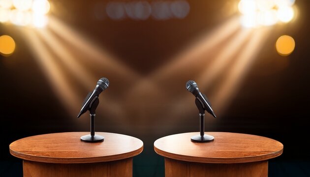 two brown podiums with microphone under spotlights for public speaking debate presidential vice election political speaker podium