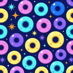 Fototapeta premium Colorful donuts and stars form a repeating pattern on dark blue background. Sweet dessert design for kids, food print, and wrapping paper. Fun candy graphic.