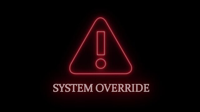 Glowing red neon system override warning sign with flashing hazard triangle for cybersecurity breach, digital hacking alert, software error notification, and critical network security failure concept