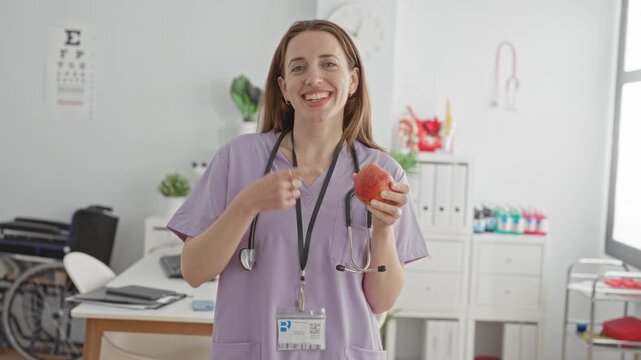 Woman doctor in purple scrubs holding an apple and pointing finger toward it in clinic exam room, smiling and engaging the viewer; healthy eating reassurance.