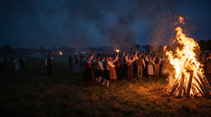 Fototapeta premium Traditional midsummer celebration with a large bonfire illuminating a lively crowd in traditional attire under a dusky evening sky