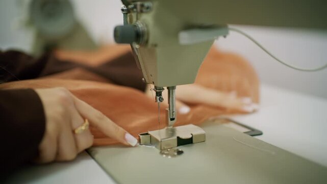 Close up of a person guiding brown sheer fabric under the needle of an industrial sewing machine