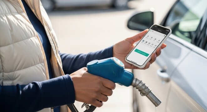Person holding smartphone and gas pump nozzle at a fuel station