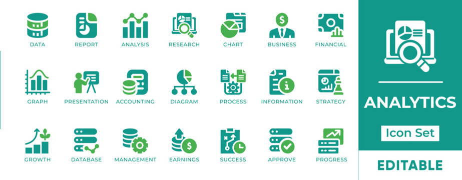 Data Analytics Analysis Chart Graph Research Icon Set. Features editable vectors for database report, strategy diagram, and growth progress.