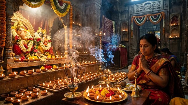 Woman praying in a Hindu temple surrounded by numerous oil lamps and deities.