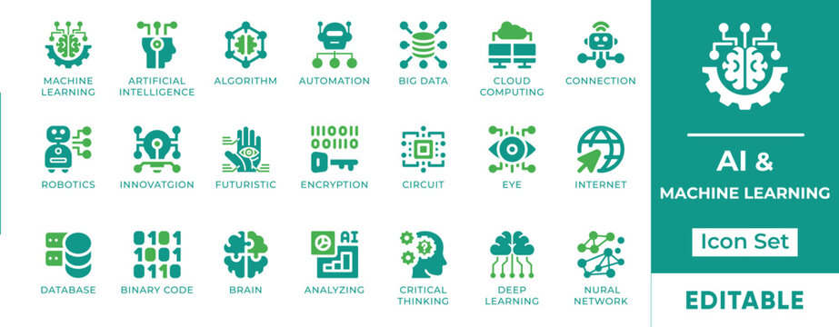 Artificial intelligence and machine learning icon set. Deep learning, big data, neural network, and automation algorithm symbols.