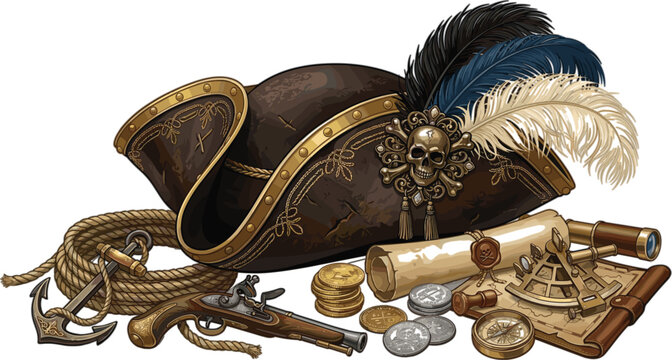 Vintage Pirate Treasure Illustration with Classic Tricorn Hat, Flintlock Pistol, Compass, Coins, Anchor, and Nautical Adventure Elements Design