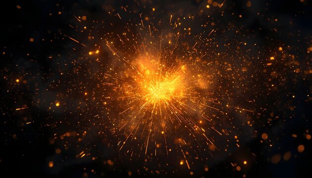 Vibrant orange explosion of sparks on dark background with flying particles
