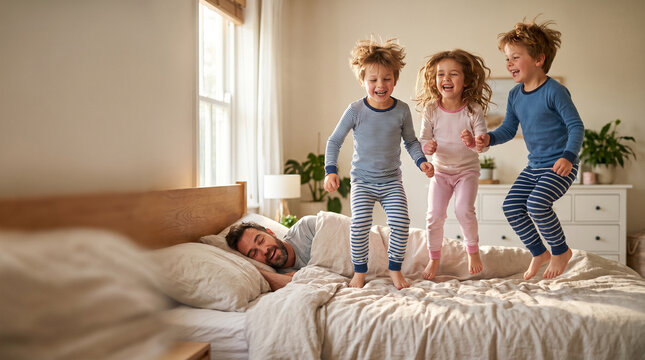 Kids joyfully surprising dad by jumping on bed in the morning, bright cozy bedroom with soft natural light and playful atmosphere