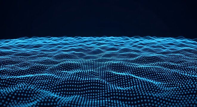 Abstract digital data landscape background, flowing surface formed by thousands of small glowing blue particles on a dark navy background