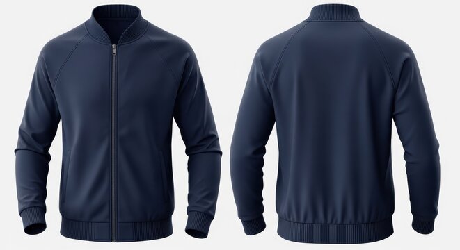 Front and back view of a dark navy blue bomber jacket with zipper on white background