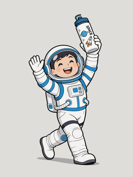 A flat cartoon illustration of a smiling young male astronaut walking while waving and holding a space themed water bottle.