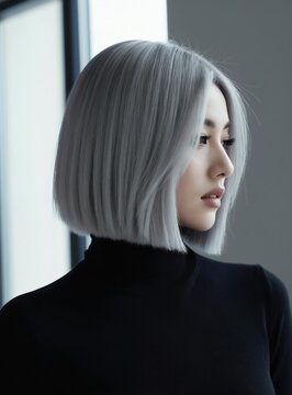 Woman with modern silver bob haircut and black turtleneck top. Profile view of elegant female with sleek hair style and makeup. Beauty fashion portrait.