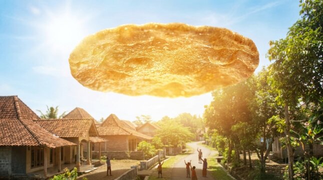 Surreal image of a massive golden circular krupuk cracker hovering in a bright blue sky over a rural Indonesian village road where people are watching the giant floating snack.