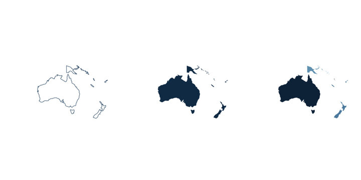Australia and Oceania Map Set: Outline, Silhouette and Blue Monochrome Infographic Vector on Transparent Background