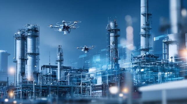 Advanced industrial plant with drones flying over refinery in blue light