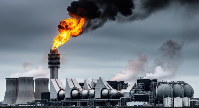 Industrial power plant with large flames and smoke emission on a cloudy day